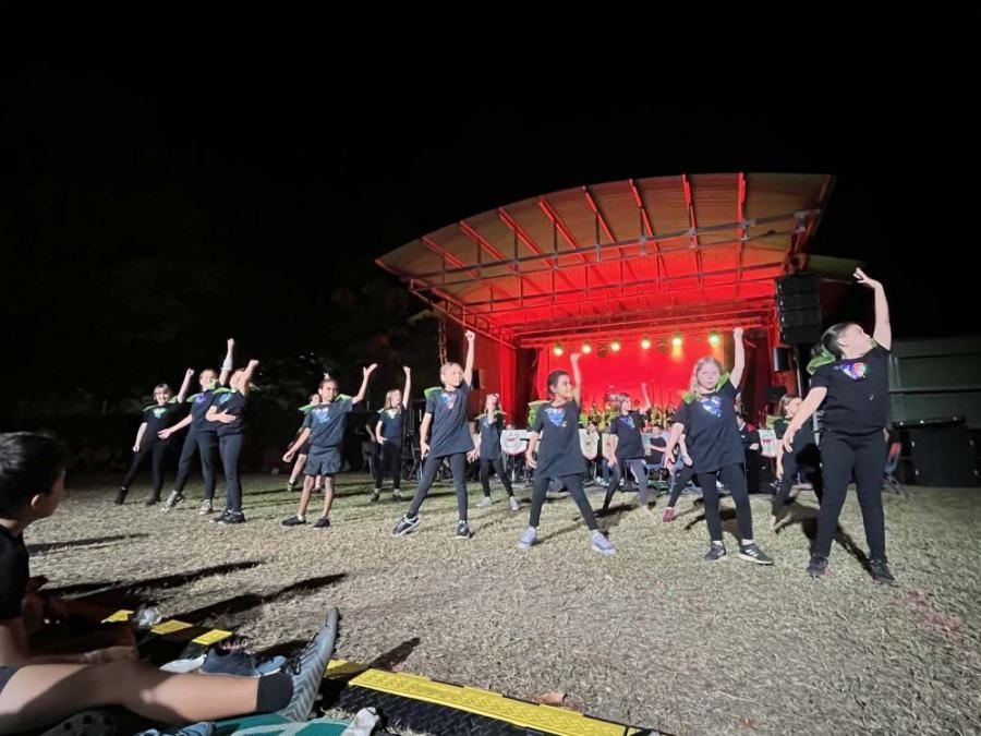 A group of people are dancing on a stage at night.