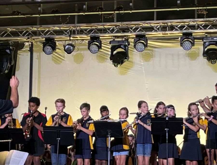 A group of children are playing instruments on a stage