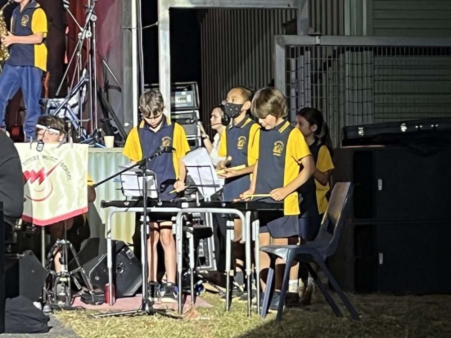 A group of children are playing instruments on a stage.