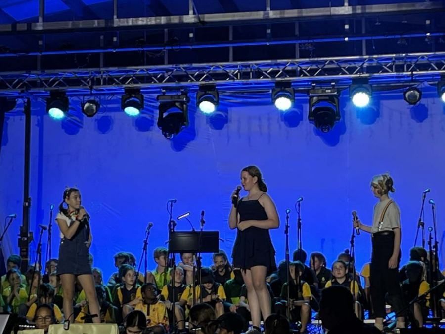 A group of people are standing on a stage singing into microphones.