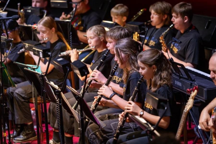 A group of children are playing instruments in an orchestra