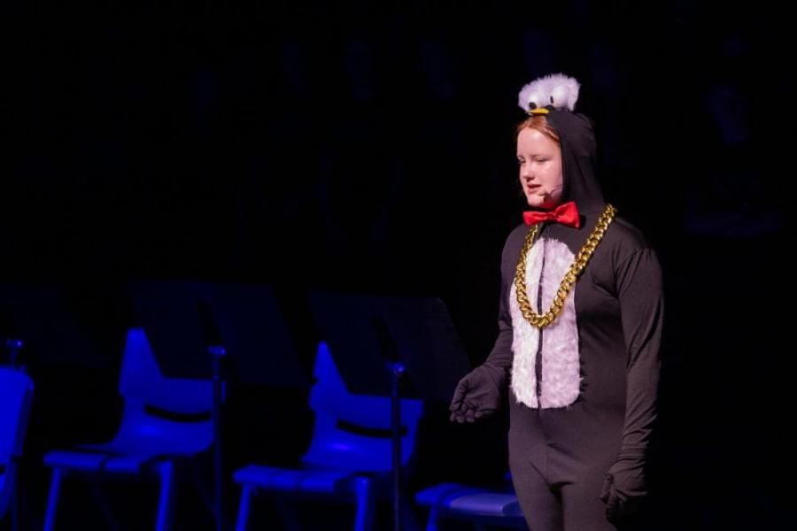 A woman in a penguin costume is standing on a stage.