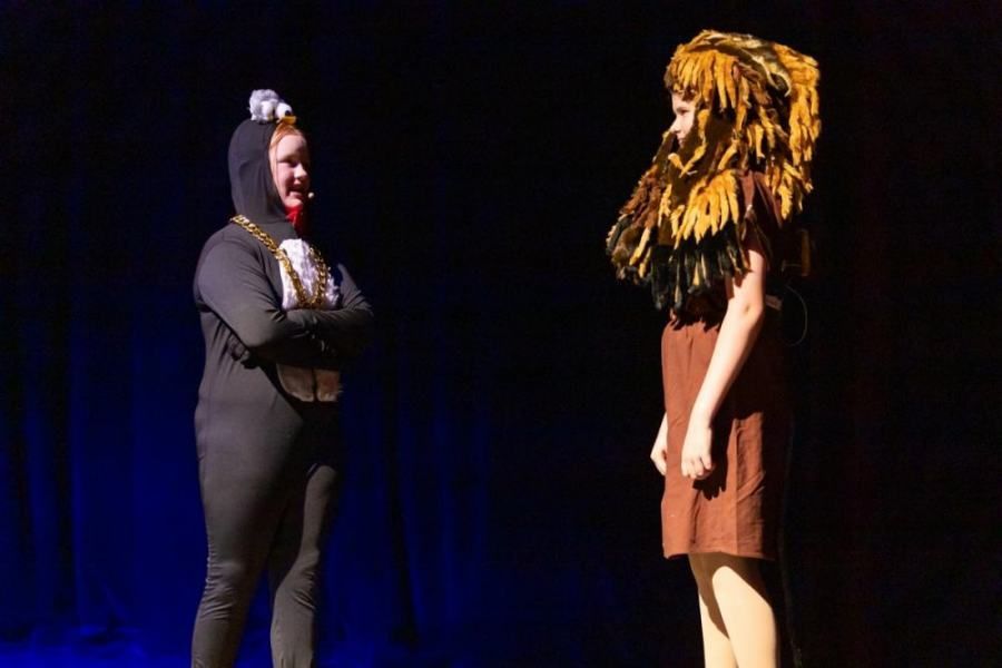 Two people in costumes are standing next to each other on a stage.