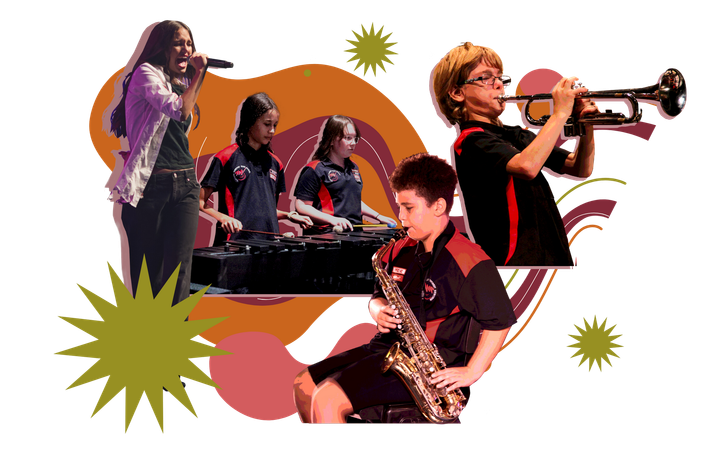 A group of children are playing musical instruments including a boy playing a saxophone