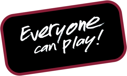 A black sign that says `` everyone can play '' on it.