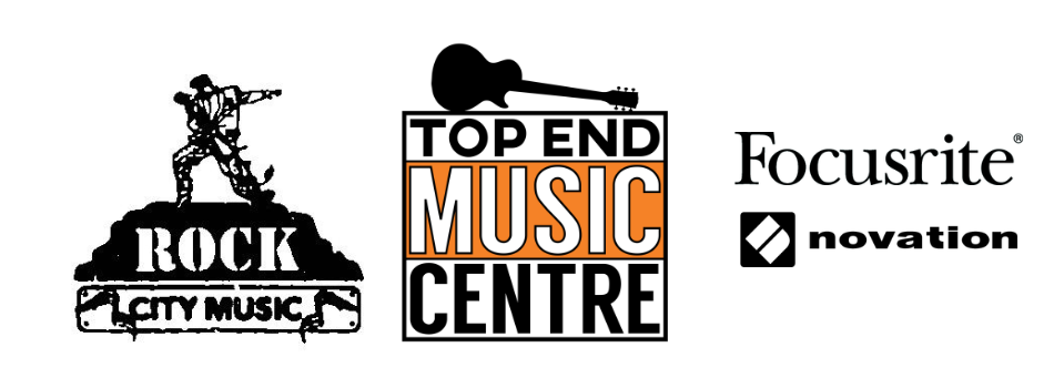 A logo for top end music centre and rock city music