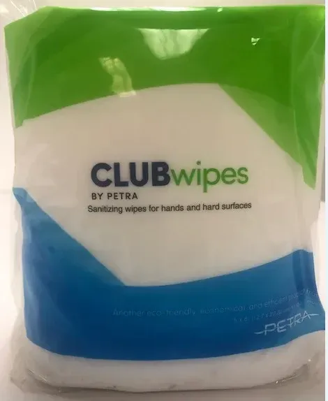 White package of Club Wipes sanitizing wipes with green and blue accents.