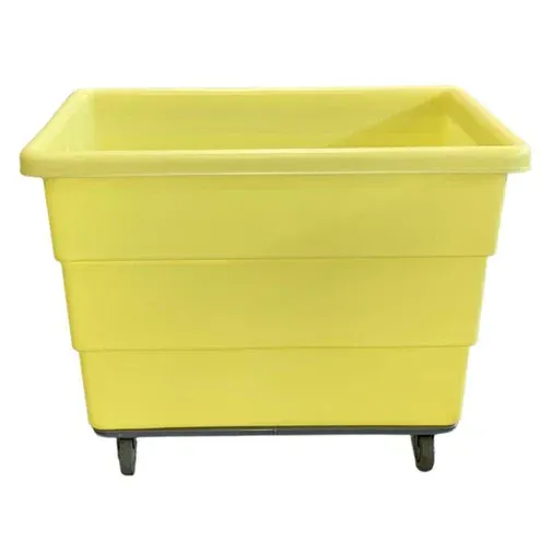 Yellow plastic rolling bin with a square shape.