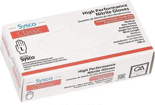 Box of Sysco Classic High Performance Nitrile Gloves; white box, red accents, with glove graphic.