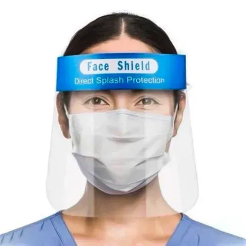 Woman wearing a face shield and surgical mask for direct splash protection.