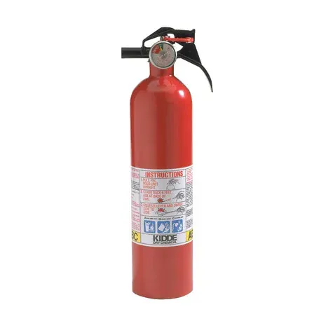 Red Kidde fire extinguisher with gauge and instructions.