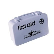 White first aid kit with black text and logo, closed.