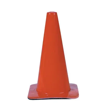 Orange traffic cone with a square base, standing against a white background.