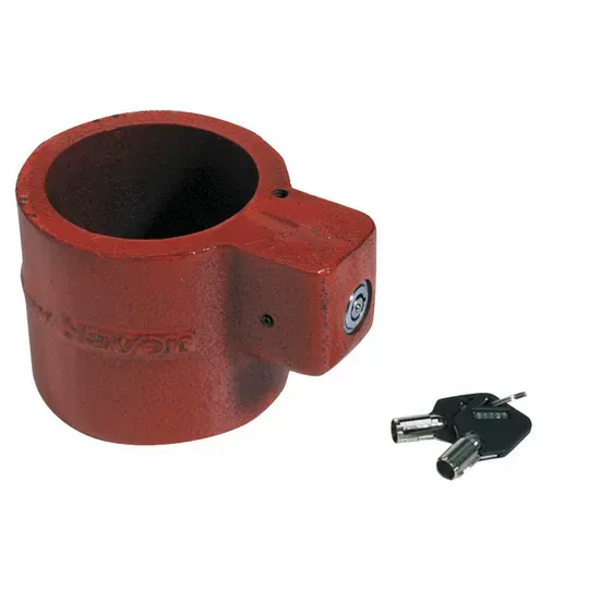 Red heavy-duty lockout device with a key, designed to secure equipment.