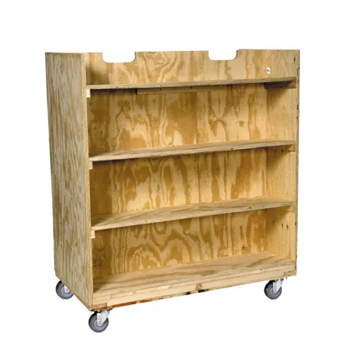 Wooden shelving unit on wheels, with three shelves.