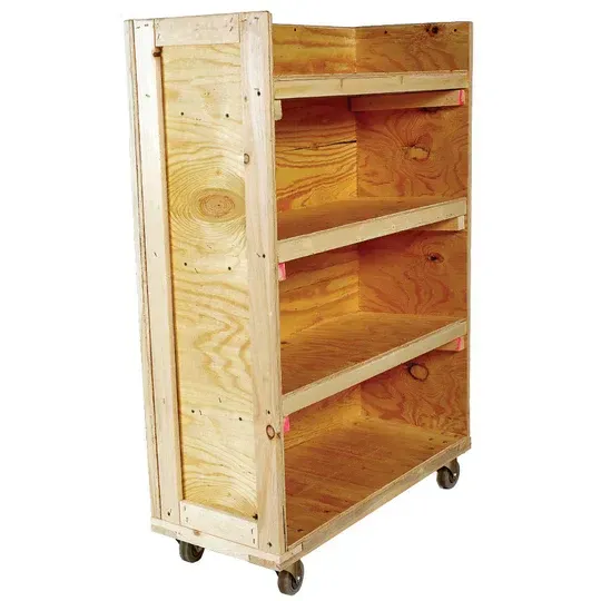 Wooden shelving unit on wheels, with three open shelves.