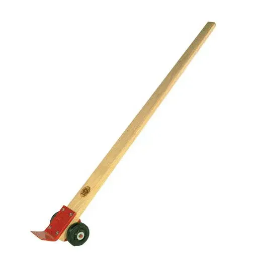 Wooden floor scraper tool with a red blade and a wheel.
