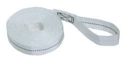 White lifting sling rolled with a loop end, black stitching visible.