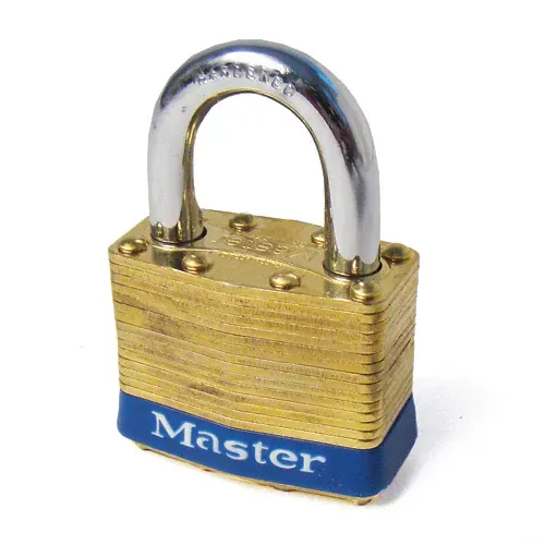 Gold Master lock with a silver shackle, blue stripe, and the brand name 
