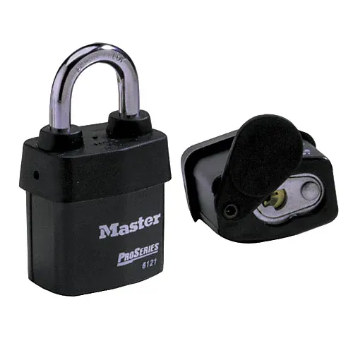 Black Master lock with detached keyhole cover.