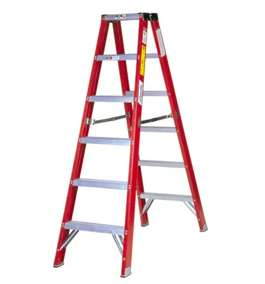 Red and silver stepladder on a white background.
