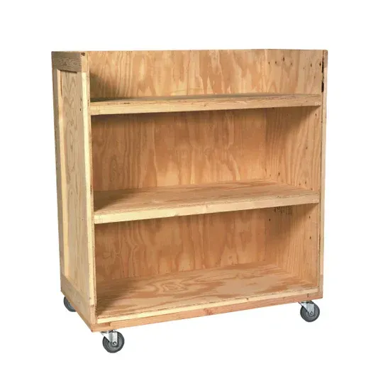 Wooden shelving unit with three shelves on wheels.