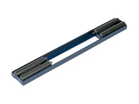 Blue metal roller with four small rollers; likely a tool for moving objects.