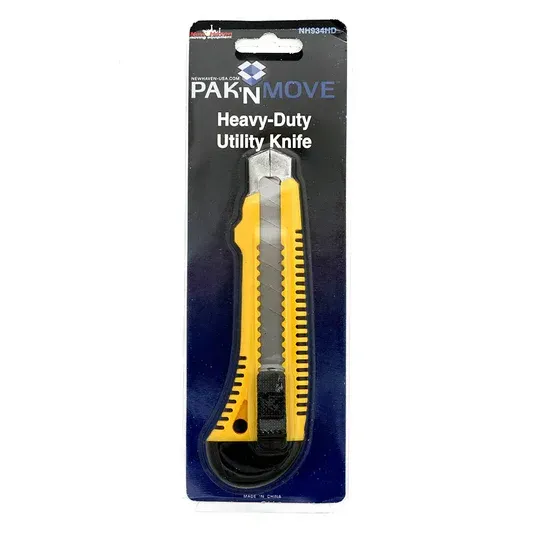 Yellow and black heavy-duty utility knife in packaging, labeled 