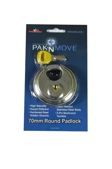 Pak N Move 70mm round padlock in packaging. Silver and black lock with yellow key, on blue card.