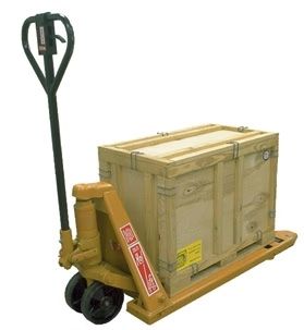 A hand pallet jack lifting a wooden crate on a pallet; yellow jack, black handle.