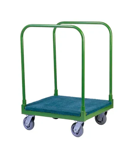 Green cart with a flat platform and two curved handles. Four gray wheels.