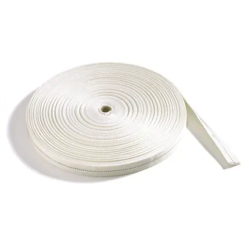 Coiled roll of white webbing material, likely for strapping or tying applications.