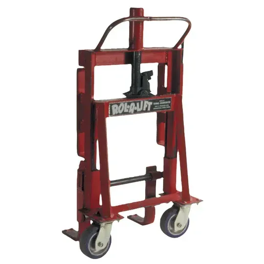 Red Rol-Lift hand truck with a hydraulic lift, has two wheels and a handle.