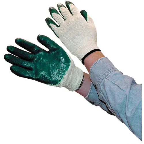 Hands wearing green and white work gloves.