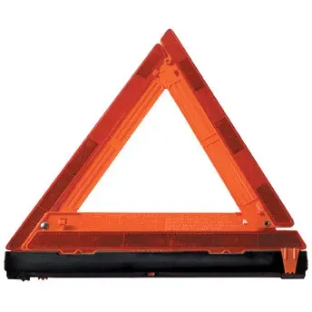 Orange reflective safety triangle on a black base, used to warn other drivers of hazards on the road.