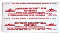 Two white security seal labels with red text. 
