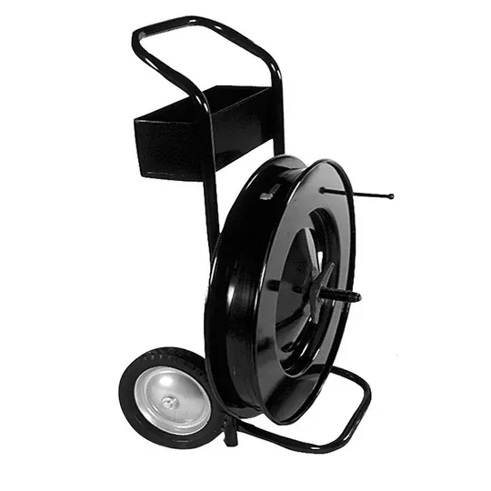 Black strapping cart with a roll of plastic strapping.