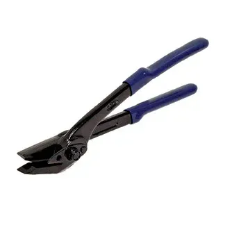 Metal strap cutter tool with blue handles.