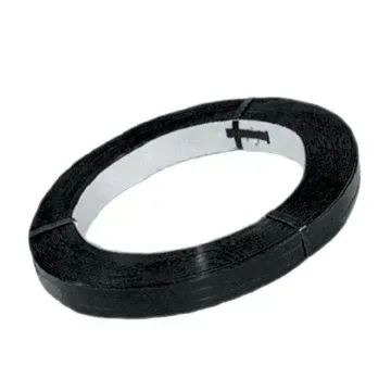 Coil of black steel strapping.