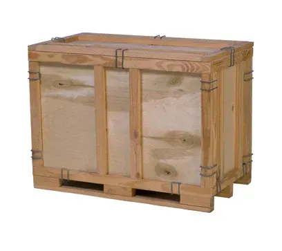 Wooden crate on a pallet, secured with wire and containing wood panels.