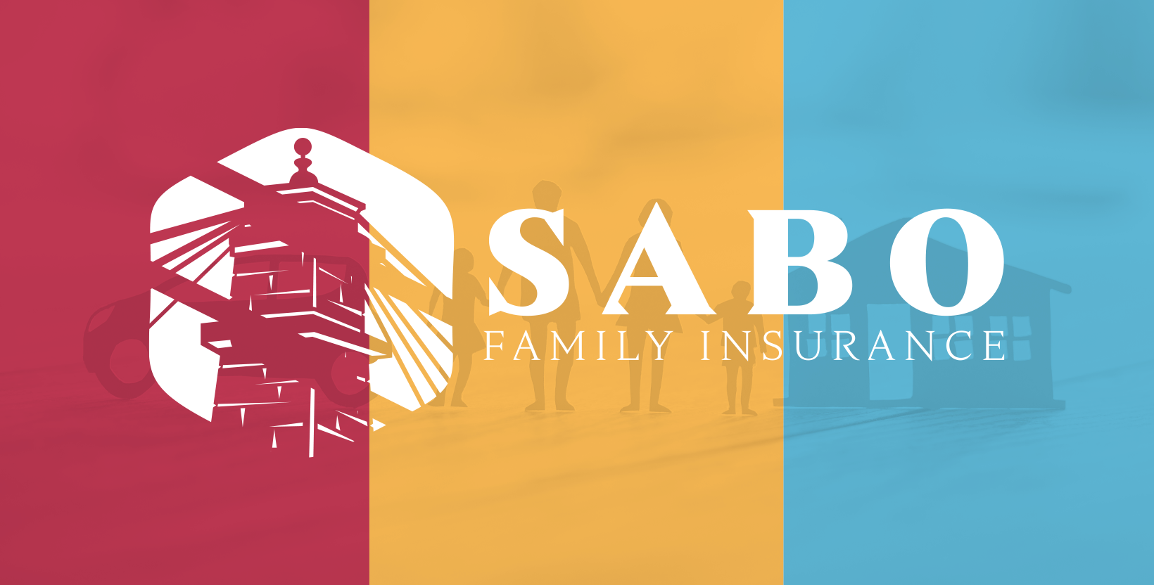 Logo for Sabo Family Insurance featuring a lighthouse, a family silhouette, and a house against a tri-colored background.