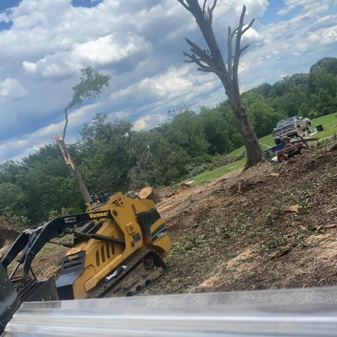 A man is using a stump grinder to remove a tree stump.