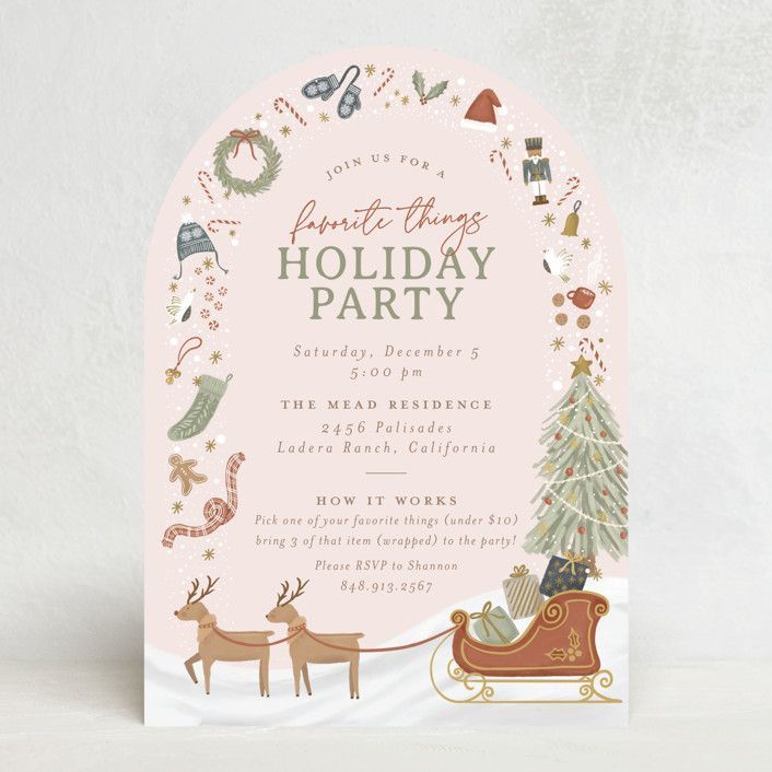 A holiday party invitation with two deer pulling a sleigh and a christmas tree.