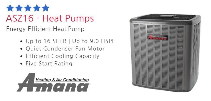 Amana ASZ16 heat pump ad with gray outdoor unit and bullet points for energy efficiency features