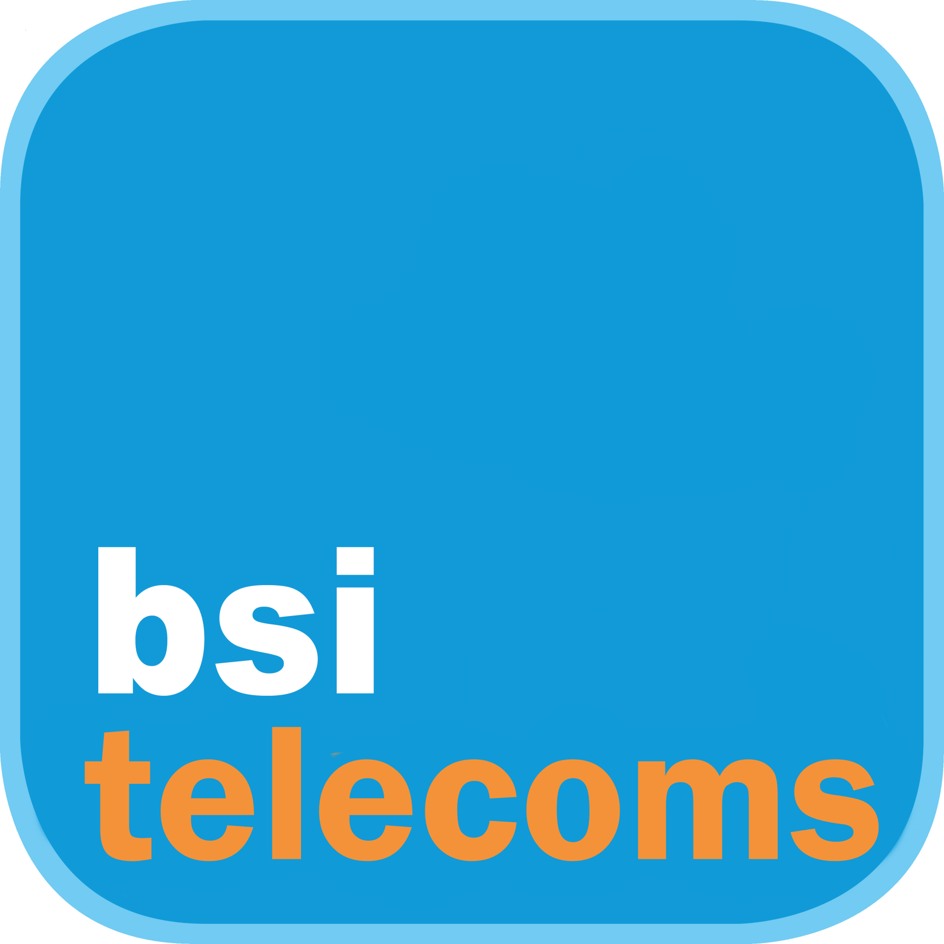 A blue square with the words bsi telecoms on it