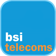 A blue square with the words bsi telecoms on it