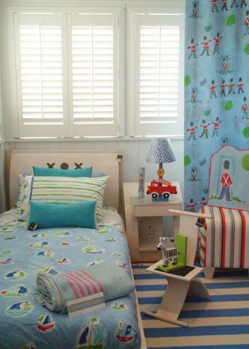 children's room with blue linens
