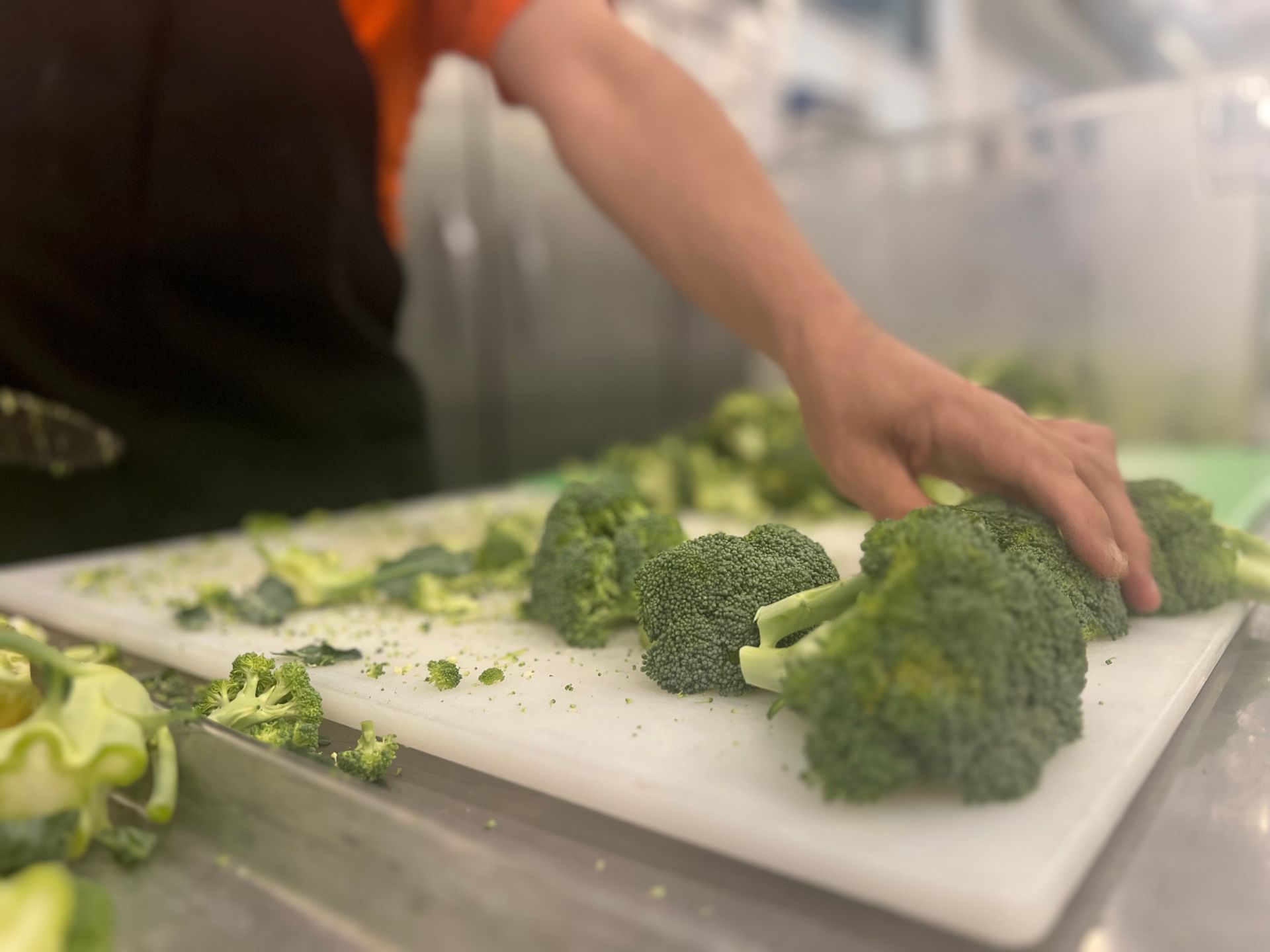 Person cutting broccoli florets on a white cutting board in a kitchen.