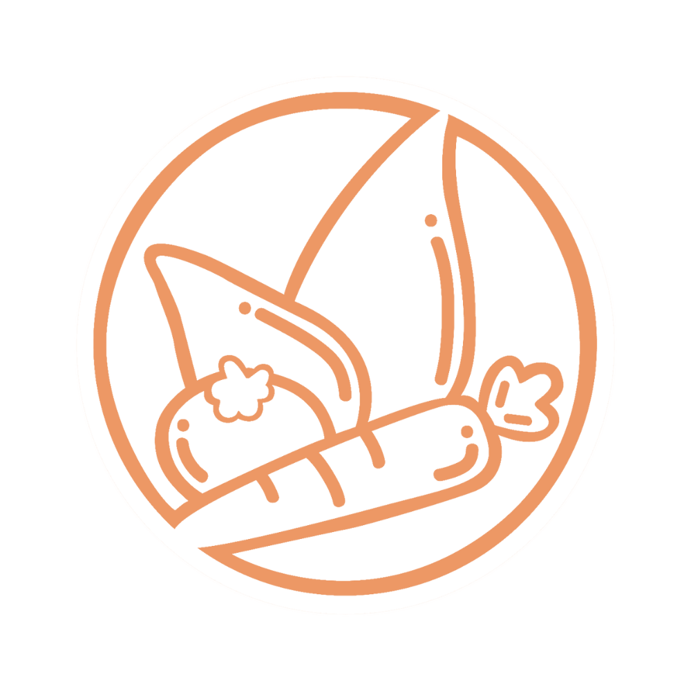 Vegetables icon inside a circle; tomato, carrot, and leaf, in orange.