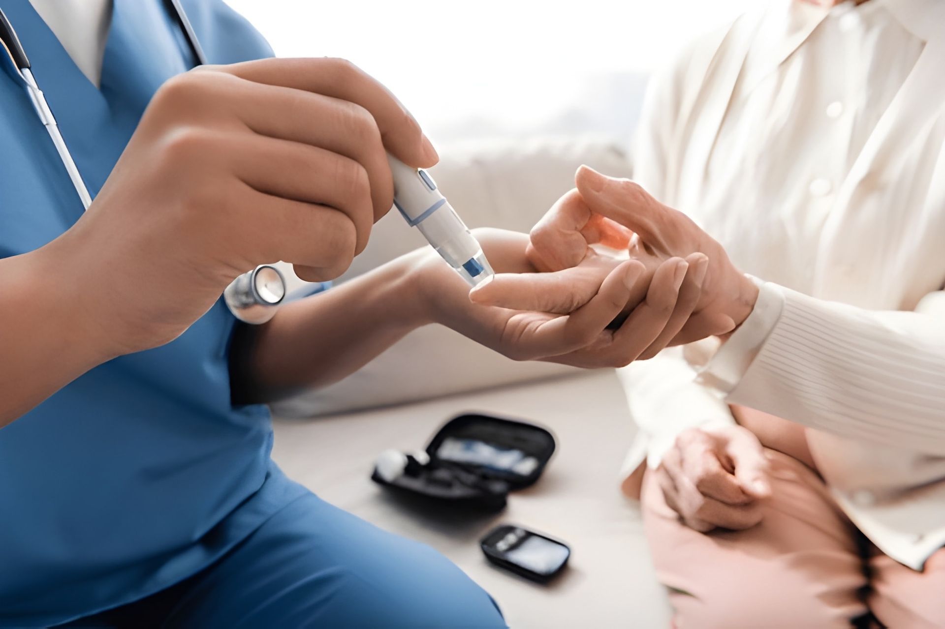 Nurse Taking a Blood Glucose Reading From an Elderly Patient — Bespoke Longevity and Aesthetic Medicine In Southport, QLD